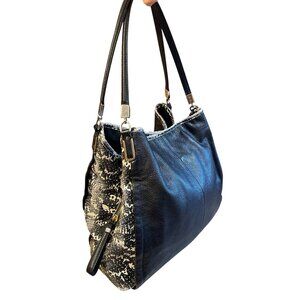 Coach Black Leather Tote Shoulder Bag F1393 Python Snake Print Trim Medium